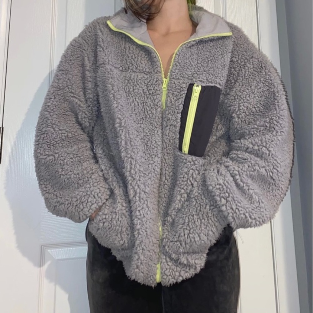 Fuzzy zip-up jacket.